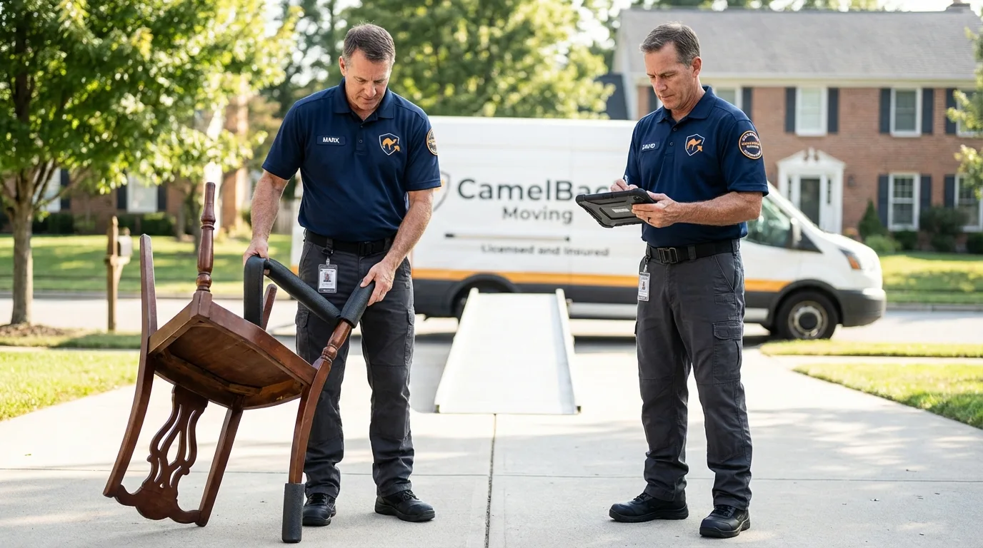 Movers inspecting furniture for damage prevention before loading in Hollandale, MS