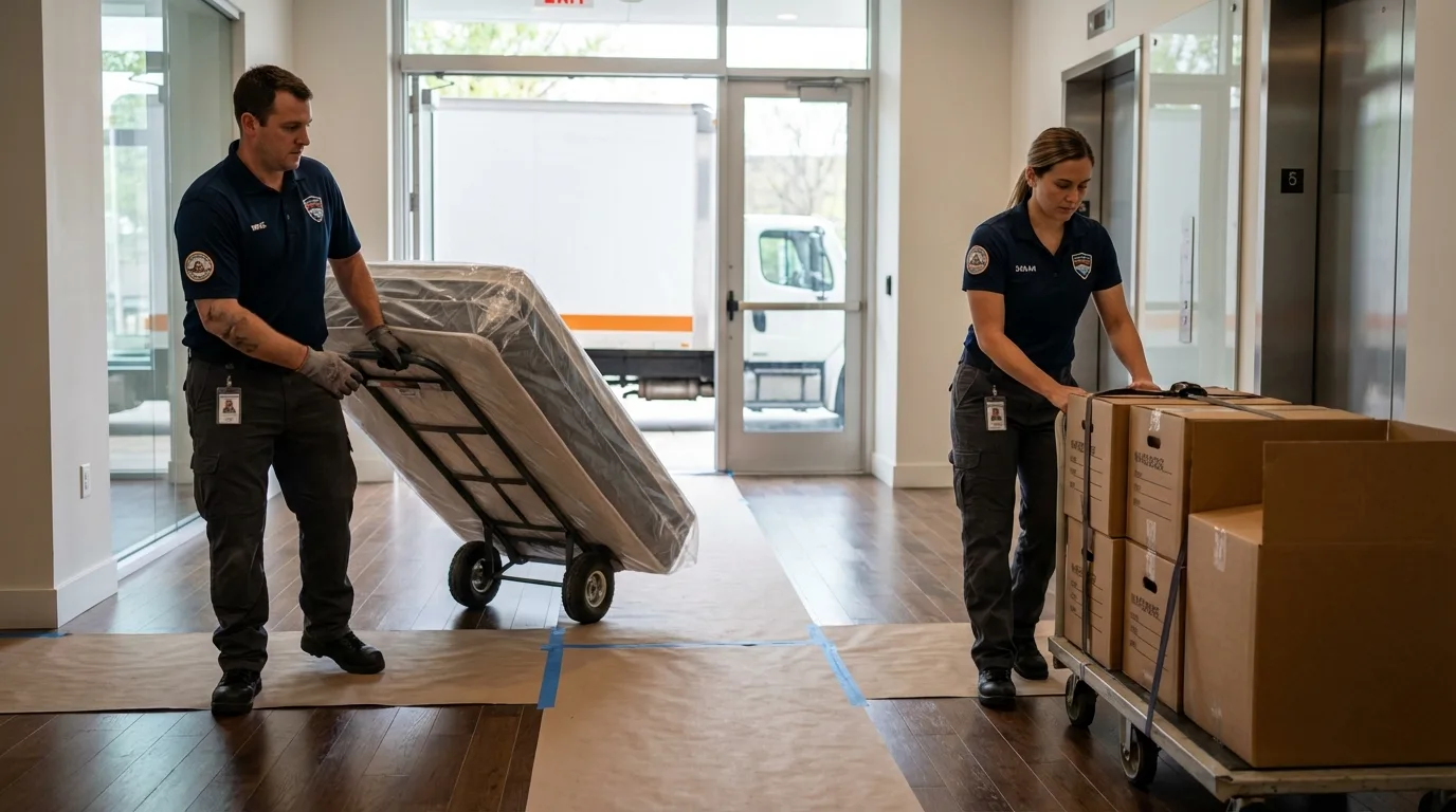 Professional apartment movers loading elevator in Hollandale, MS